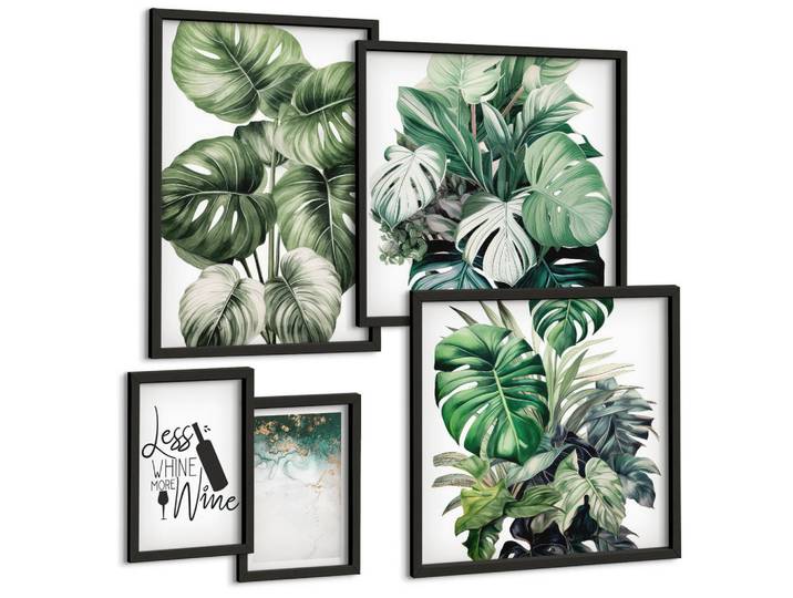 Tulup Bilder SET 5er Set - 50x50 cm & 20x30 cm & 40x60 cm Schwarzer Rahmen - Grüne Weinblätter, Kunststoff, Rechteckig, 40x60 cm, einfache und schnelle Anbringung, Bilder & Rahmen, Bilder