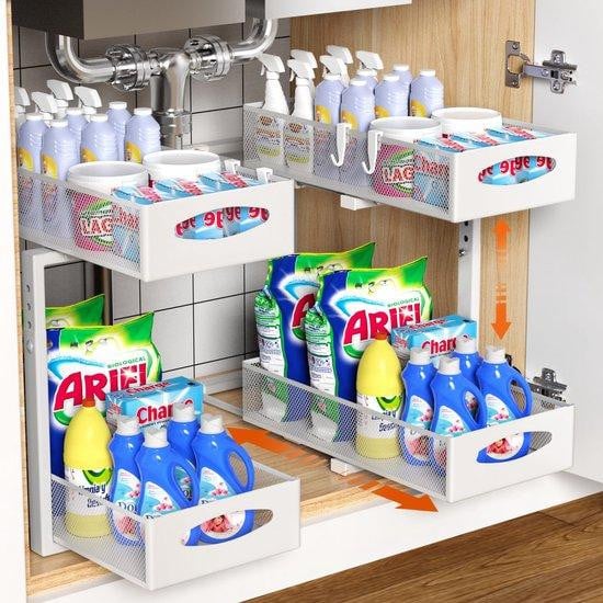 Benza Ibenzoa Uittrekbare 2-traps kastorganizer van metaal met roestbestendige coating en 5 hoogteposities voor keuken en badkamer