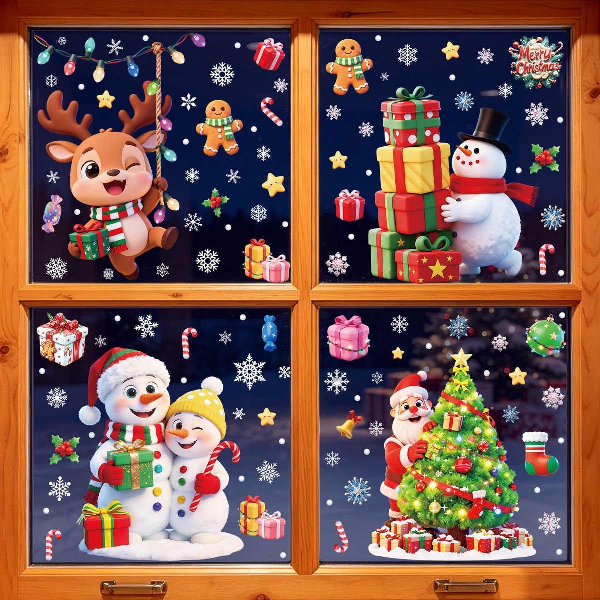 Set van 4 vellen kerst raamstickers met rendier, sneeuwman en kerstboom - Statische en herbruikbare raamversiering - Multicolor