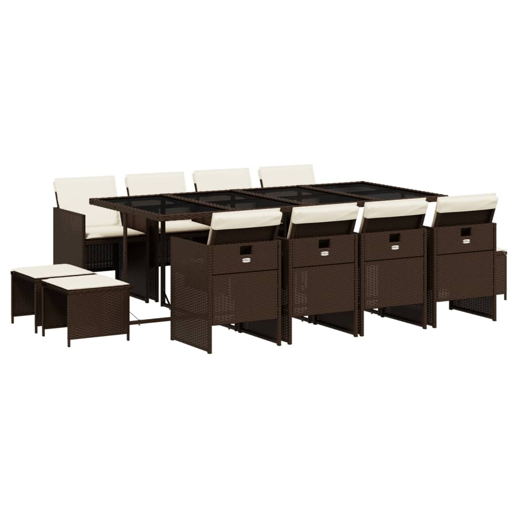 13-tlg. Garten-Essgruppe, Essplatz für 8 Personen, Poly Rattan & Hartglas, platzsparend, UV-beständig, mit abnehmbaren cremeweißen Kissen, Braun