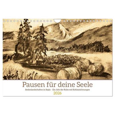 Pausen für deine Seele - Seelenlandschaften in Sepia - Ein Jahr der Ruhe mit Kohlezeichnungen (Wandkalender 2026 DIN A4 quer), CALVENDO Monatskalender