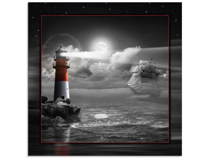 Glasbild ARTLAND Leuchtturm und Segelschiff im Mondschein , schwarz (farbe bild(er): schwarz), B:40cm H:40cm, Bilder, Glasbild, in verschiedenen Grössen