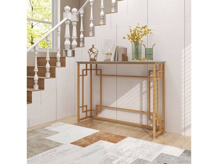 Console Moderne avec Cadre Géométrique et Plateau Effet Marbre Blanc – Table d'Entrée Design Élégante