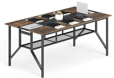 Costway Rectangular Meeting Table with Mesh Storage Shelf and Cable Grommet-Rustic Brown