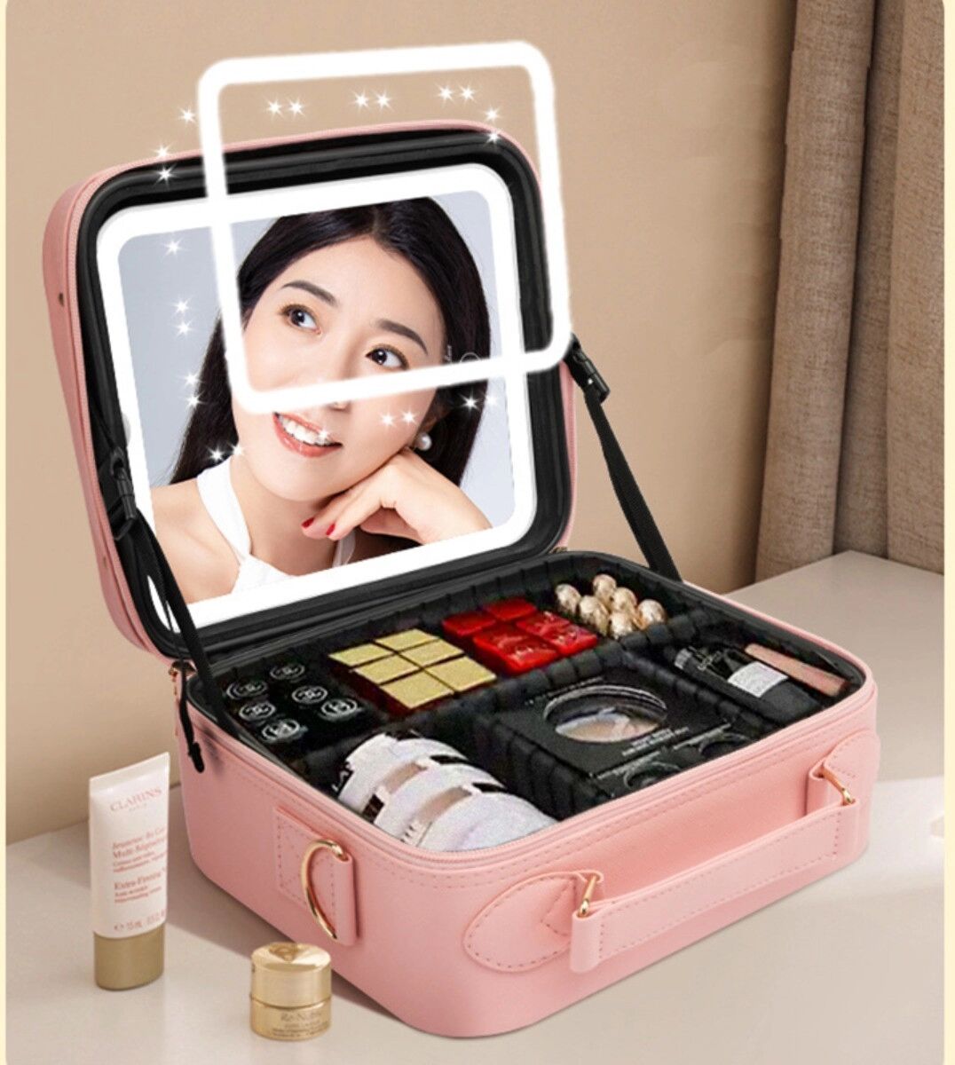 INF LED Make-up-Tasche – Tragbarer Reise-Kosmetik-Organizer mit dimmbarem, USB-wiederaufladbarem LED-Spiegel und großem Stauraum Rosa