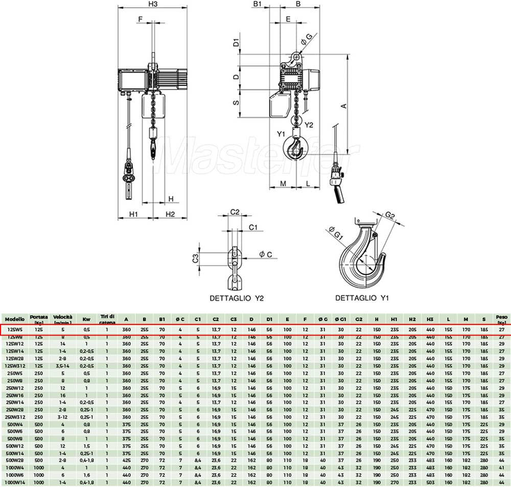 Rwm 125W5 Paranco elettrico professionale a catena, portata 125Kg