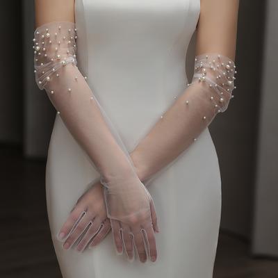 Bridal Gloves, Heavy Handmade Beading Elegant Long Slim Wedding Gloves For Dinner Party & Tulle Accessories Bridal Gloves, Heavy Handmade Beading Elegant Long Slim Wedding Gloves For Dinner Party & Tulle Accessories