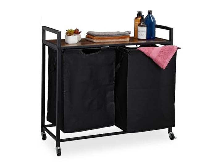 Relaxdays dubbele wasmand, 2 uitschuifbare vakken, zwart/bruin