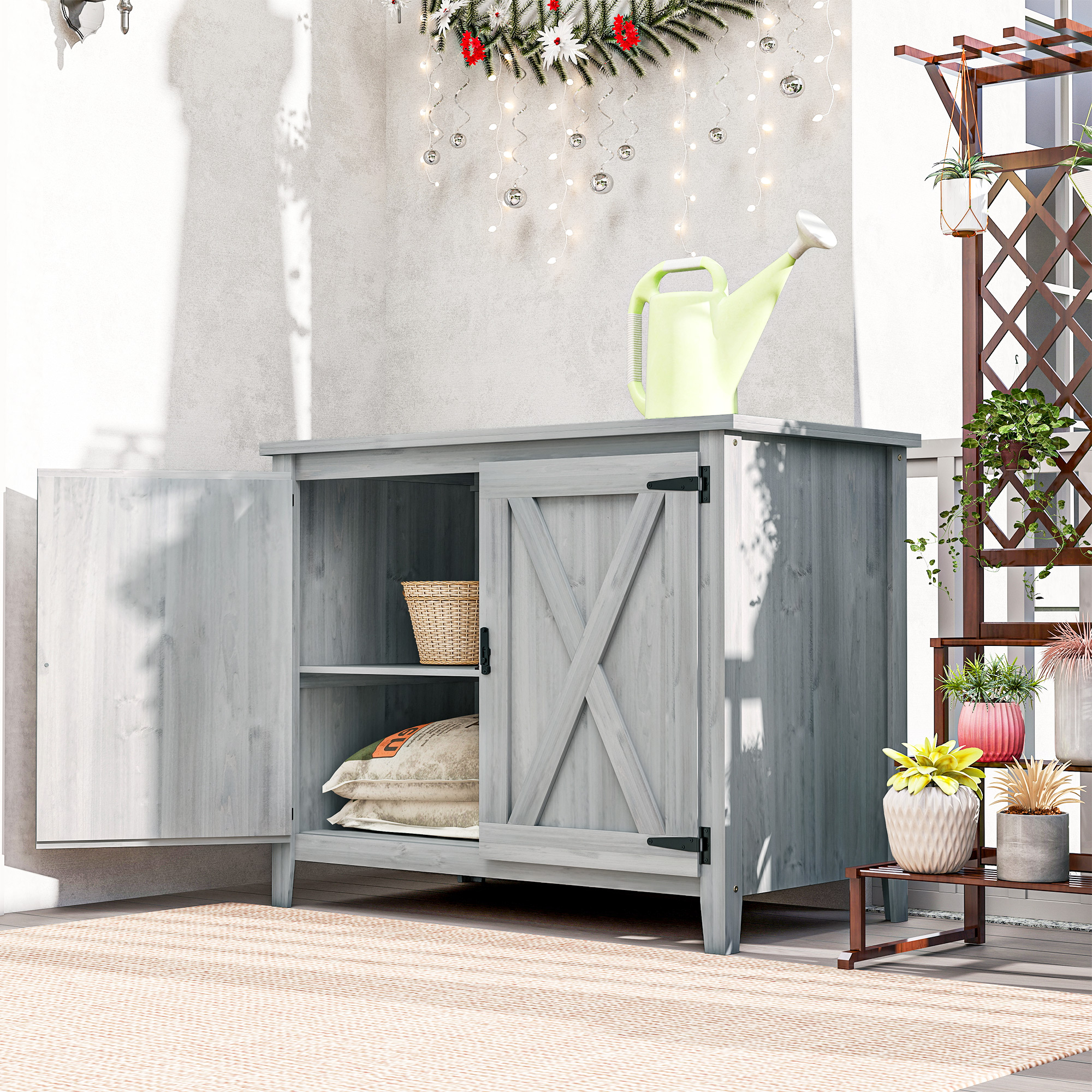 Outsunny Armadio da giardino in legno, armadio da esterno con mensole e doppie porte, 110 x 60 x 88,5 cm, grigio chiaro   Aosom Italy