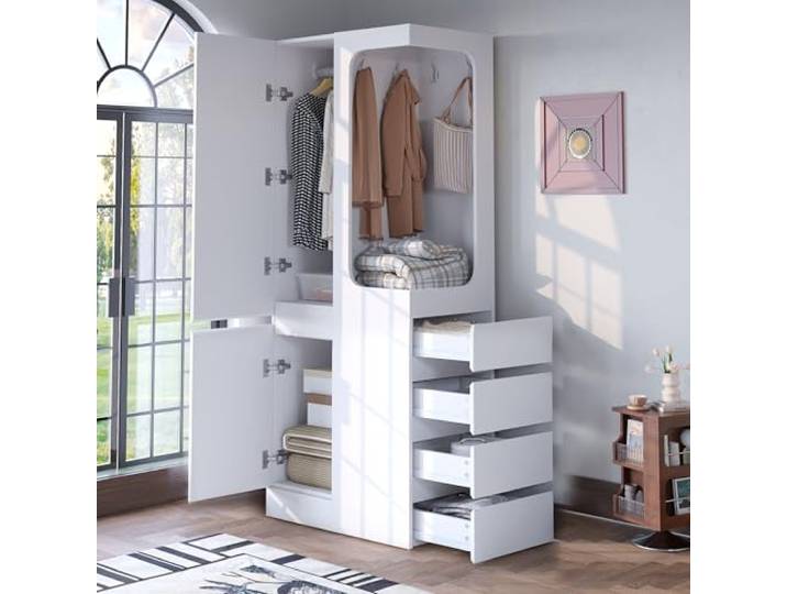 Merax Kleiderschrank 70×40×170 cm, eintüriger Schrank mit offenem Kleiderbereich, 4 Schubladen und Staufächern, platzsparendes Design für Schlafzimmer/Büro, weiß (auf der rechten Seite)