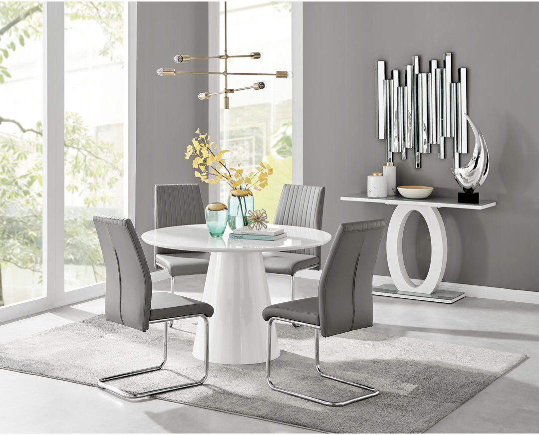 Canora Grey Edzard Statement Pedestal Round Dining Table Set & 4 Luxury Faux Leather Dining Chairs White/Grey 4