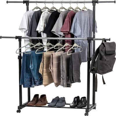 No Double Rod Height Adjustable Clothes Rack with Extendable Bar and Lockable Wheels
