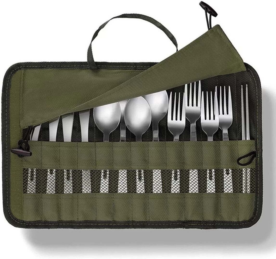 INF Faltbare tragbare Nylon-Besteck-Rolltasche — Grüner Reise-Besteck-Organizer