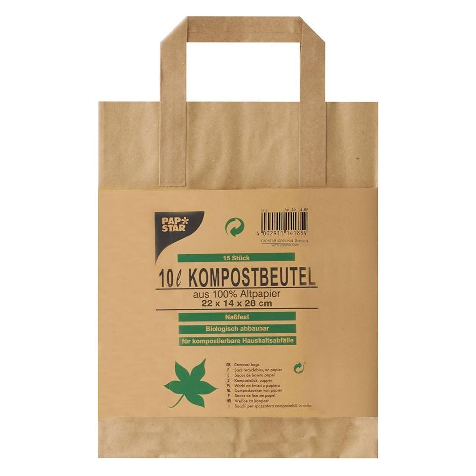 Papstar Kompostbeutel mit Henkel, braun, 10 Liter, 15er aus 100% Altpapier, Stärke: 80 g/qm, nassfest, be... (10 l) (14185)