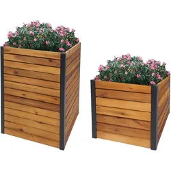 2er-Set Pflanzkasten HWC-L23, Hochbeet Pflanzkübel Blumenkasten, Outdoor Akazie Holz FSC®-zertifiziert Aluminium braun