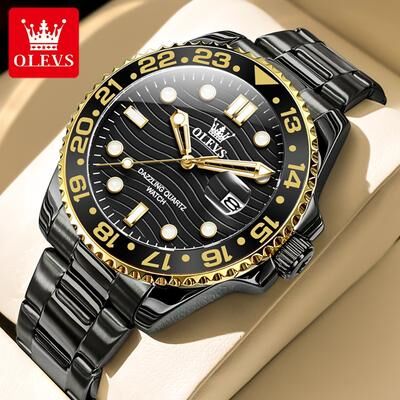Youfap Market Waterproof Calendar Luminous Quartz Watch, Original Luxury Men's Watches, Stainless Steel Authentic Watch For Man gold Black