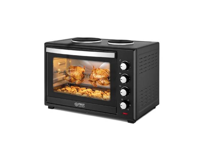 TZS FIRST AUSTRIA Minibackofen mit Kochplatten 60L 3400W, stufenlose Temperaturregelung bis 230°C, max 230°C, Backblech, Drehspieß, Grillrost, Innenbeleuchtung