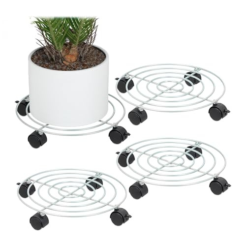 Relaxdays Plantentrolley set van 4, Staal, Zilver/Zwart, Ø 32 cm