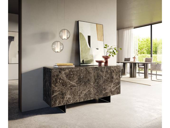Sideboard Cuor 150 cm Keramik Emperador Extra Lucidato Dunkelbraun 3 Türen Fuß Schwebeoptik Metall Schwarz, Sideboards