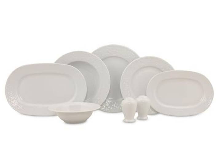 Elegantes 53-teiliges Geschirrset, 100% Porzellan, Weiß Enthält Teller, Schüsseln, Platten und Streuer Spülmaschinen- und mikrowellengeeignet Perfekt für jeden Anlass