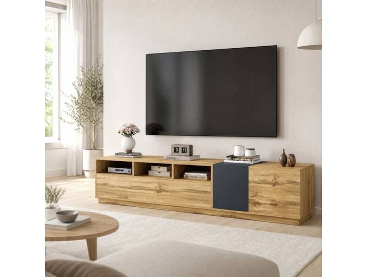VUENOR Meuble TV 200 x 45 x 45 cm gris noir et bois - rangement ouvert et fermé