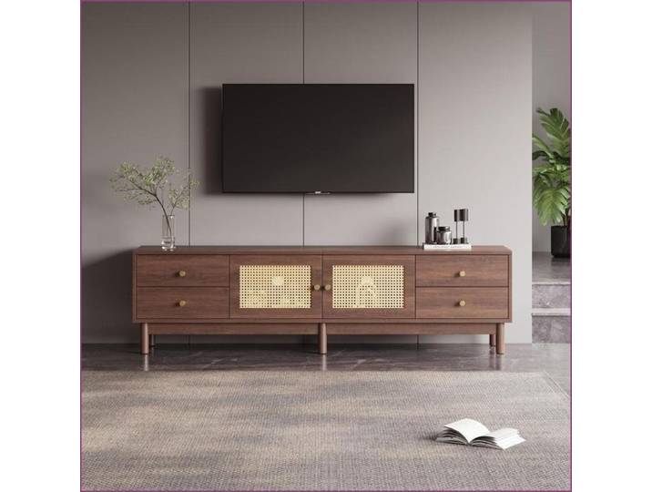 Meuble TV & Divertissement - Cheminée TV 180cm Bois Brun Rattan - Pour TV jusqu'à 80 pouces