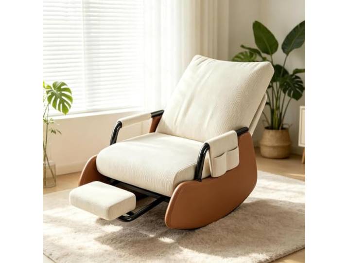 kumamart Wohnzimmersessel Wippend mit Breiter 60cm Sitzfläche Ergonomischer Schaukelstuhl mit ausziehbarer Fußstütze und Seitentasche für tägliche Entspannung.