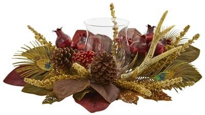 Nearly Natural Magnolia, Berry, Antler and Peacock Feather Artificial Candelabrum Arrangement