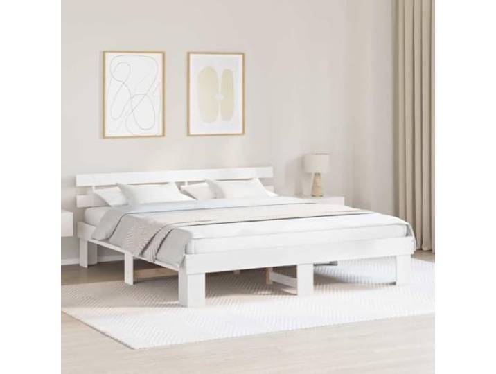 Bettrahmen mit Kopfteil Weiß 200 x 200 cm Massives Kiefernholz Stabile Konstruktion, Lattenrost inklusive, pflegeleicht, minimalistisches Design