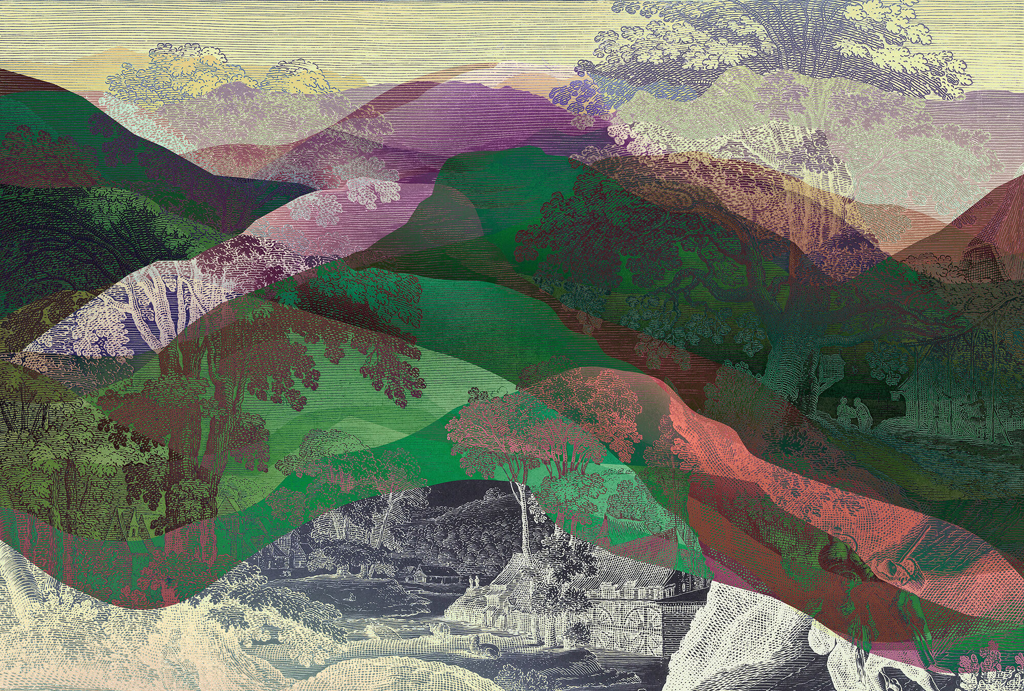 Fototapete LIVING WALLS "Walls by Patel Hidden Valley", bunt (grün, bunt), B:4m L:2,7m, Vlies, Tapeten, Vlies, Wand