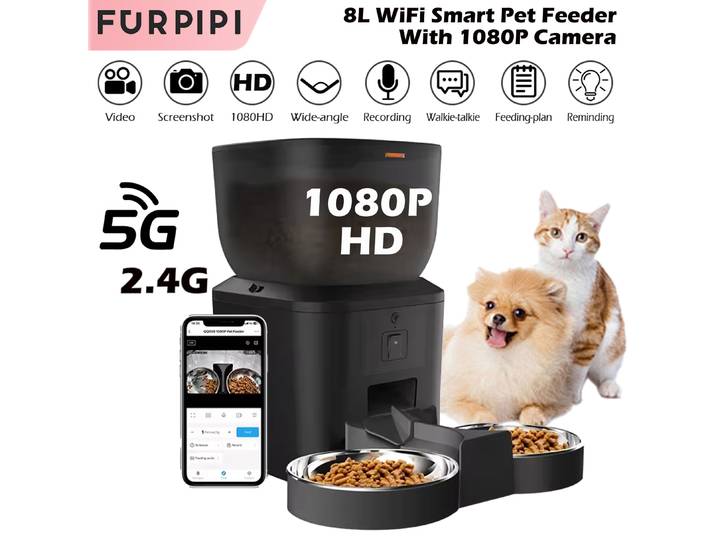 Mangeoire automatique pour chat avec caméra vidéo 1080p, distributeur de nourriture pour chat, enregistreur vocal intelligent, télécommande, mangeoire automatique pour chat et chien