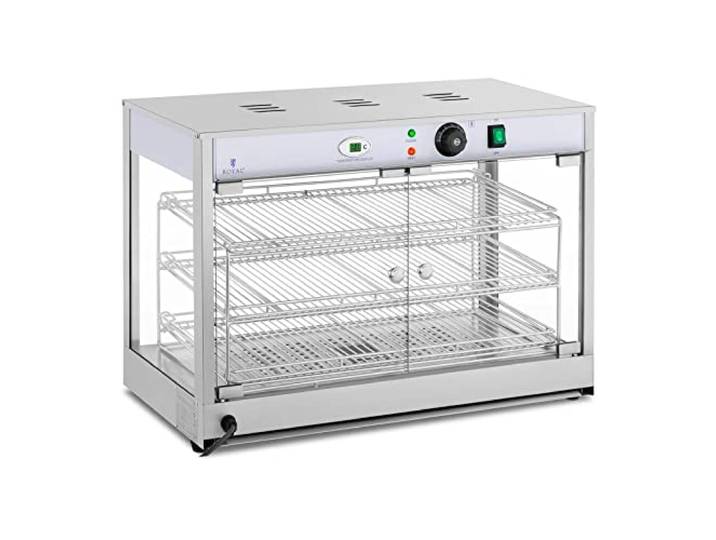 Royal Catering Heiße Vitrine RCHT-1200B (1.200 Watt, LED-Display, 25-85 °C, hergestellt aus Edelstahl und gehärtetem Glas)