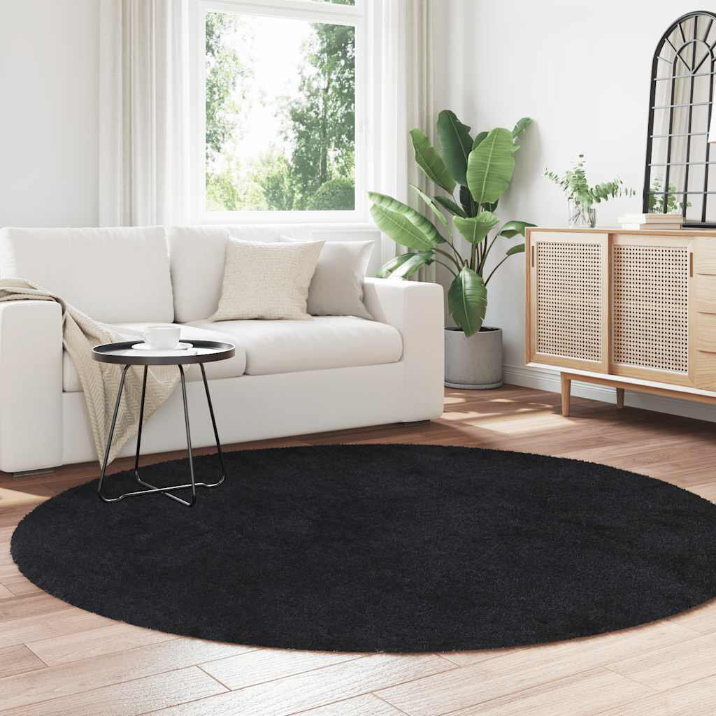 Canora Grey Shaggy Rug High Pile NAVARRA Black Polyester Black Round 200cm