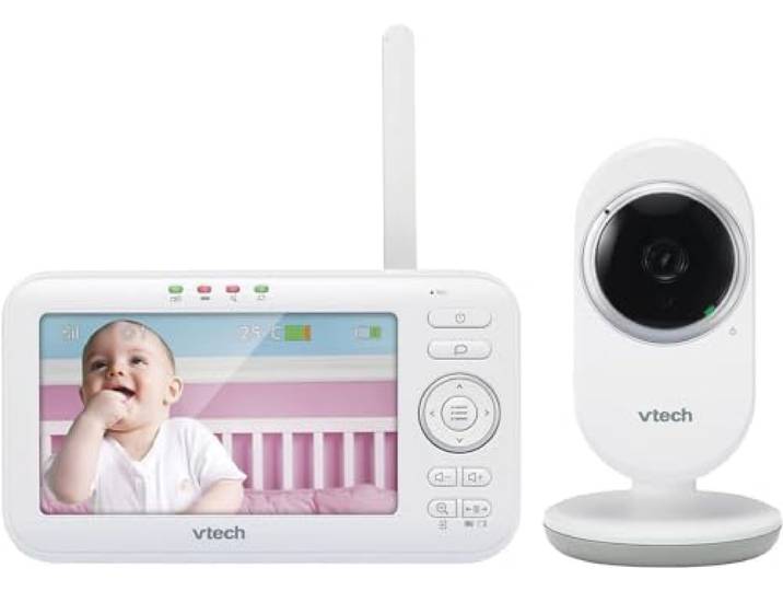 VTech Babymonitor VM5252 – Video-Babyphon mit beweglicher Kamera – Klarer Sound, 5 LCD-Farbbildschirm und Nachtsichtfunktion – Mit Gegensprechfunktion, Schlafliedern und Geräuschen