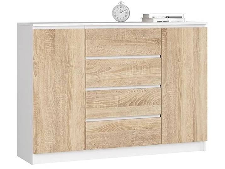 AKORD Kommode K 140 cm 4 Schubladen und 2 Türen zum Wohnzimmer Schlafzimmer Arbeitszimmer Modernes funktionales Design Schichtstoffplatte Farbe Weiß/Sonoma