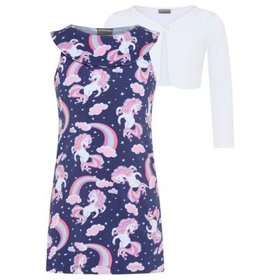 Bolero, Kleid & Leggings KIDSWORLD "2 tlg Set Kleid+Bolero Einhorn", Mädchen, Gr. 128/134, blau gemustert, Single Jersey, Obermaterial: 95% Baumwolle, 5% Elasthan. Jacke: 100% Baumwolle, bedruckt, KOB Set-Artikel, bedrucktes Design, aus...