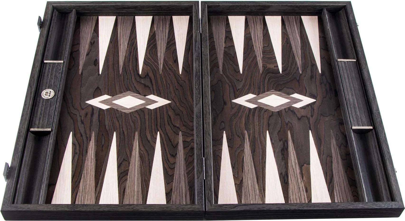 Manopoulos Premium Backgammon - Ebenholz-Wurzelholz (Ebony Burl) - Luxus-Set (48x30 cm)