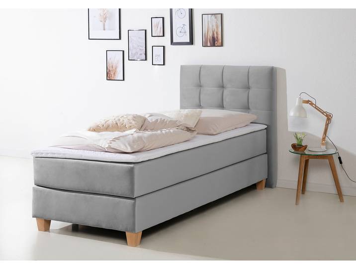Boxspringbett, 104x211 cm, Samt, Grau, Inkl. Topper & 3 Härtegrade, Klassisch, Home-affaire