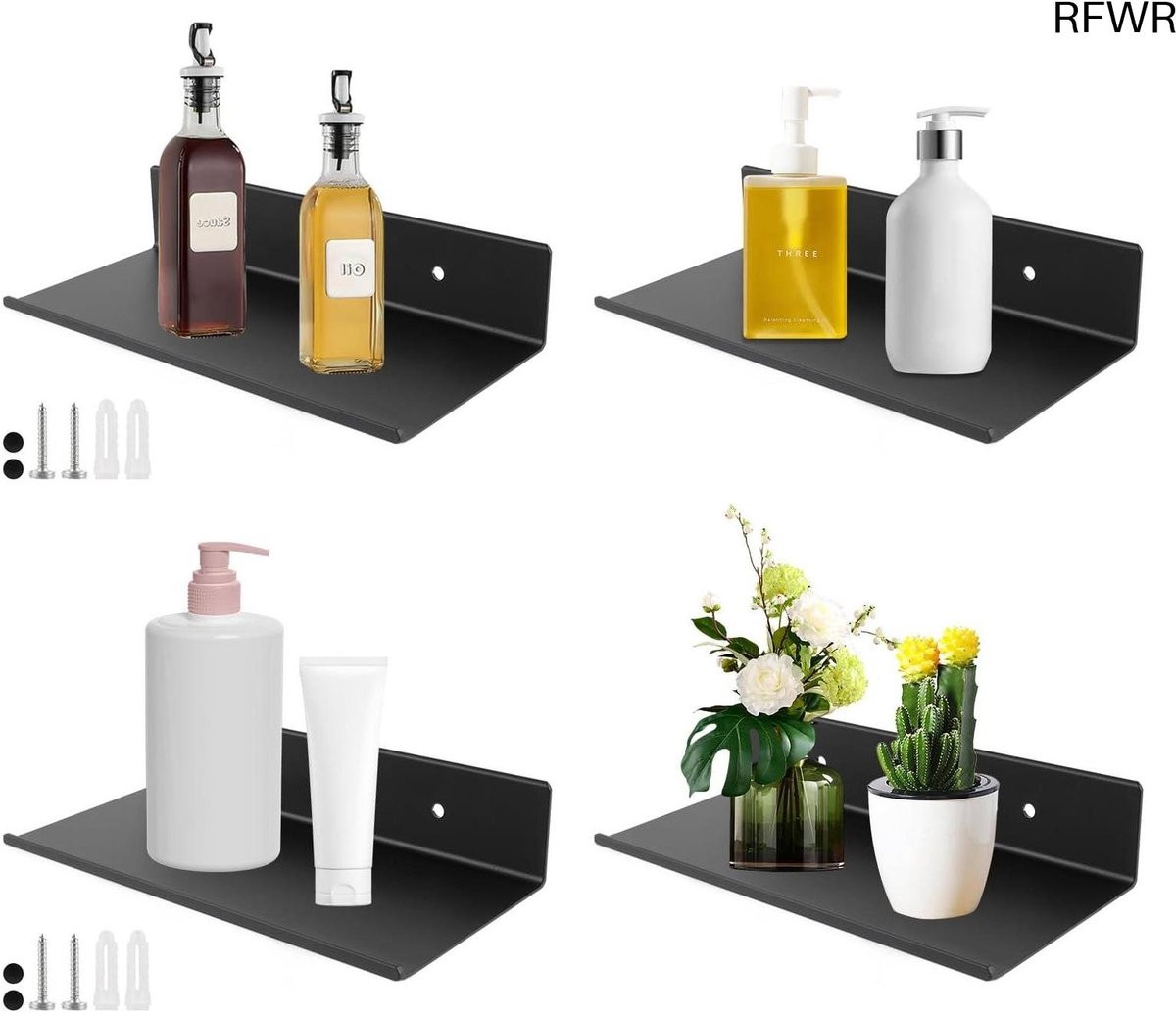 RFWR Set van 4 Zwarte Metalen Zwevende Wandplanken voor Badkamer, Keuken en Woonkamer
