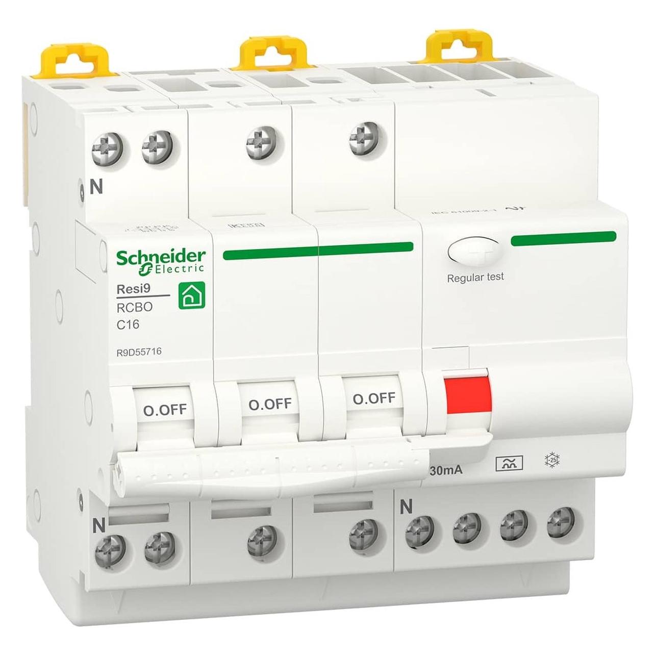 Schneider Electric Resi9 XP RCBO/kombiafbryder 3PN C-karakteristik 16A 6kA 30mA klasse A 90mm (R9D55716)