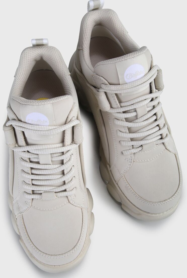 Plateausneaker BUFFALO "CORIN", Damen, Gr. 40, Textil, beige (hellbeige), Lederimitat, Schuhe Plateausneaker, Schnürschuh, Freizeitschuh, Ugly Sneaker mit typischer Plateausohle