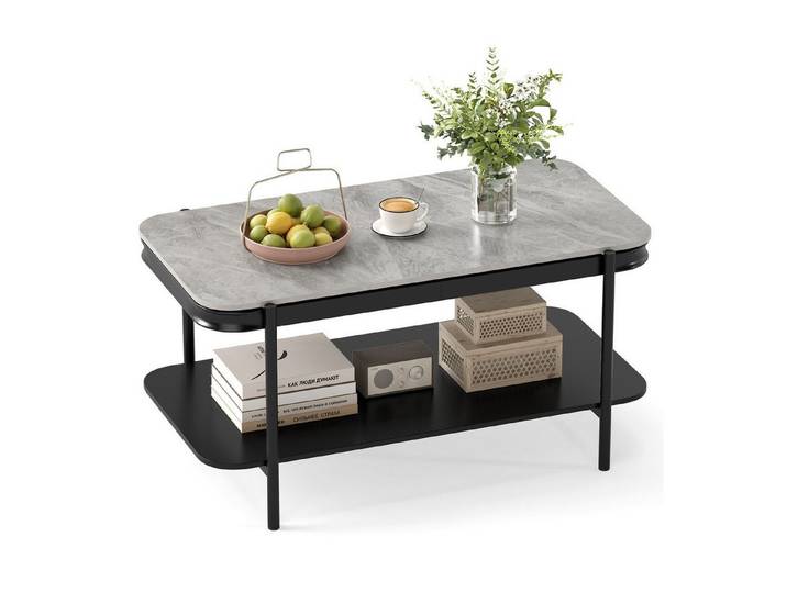 COSTWAY Couchtisch Marmor mit Stauraum rechteckig, Retro Design Wohnzimmertisch grau