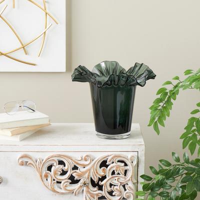 Studio 350 Green Glass Tulip Inspired Ombre Floral Vase with Wavy Opening
