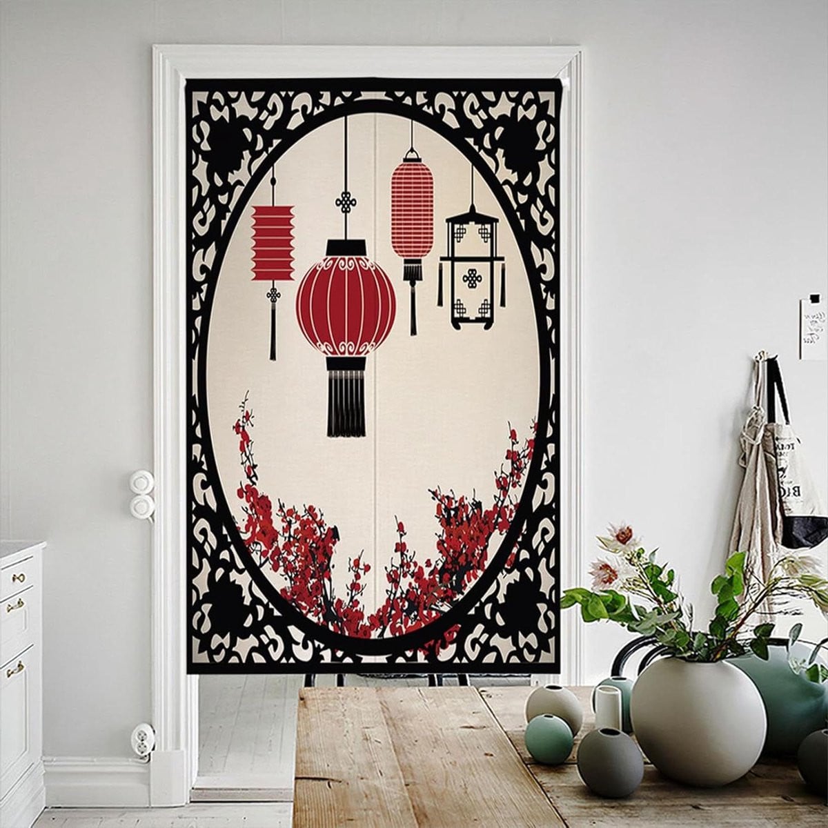 Japans Deurgordijn Noren met Bloemenprint in Linnen - 75 x 150 cm