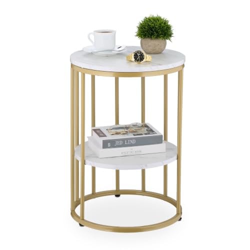 Relaxdays bijzettafel met marmerlook en opbergruimte, ronde salontafel in wit-goud, H 57 x Ø 40 cm