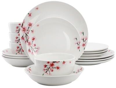 Elama Tamara 16 Piece Cherry Blossom Porcelain Double Bowl Dinnerware Set, Service for 4 in White and Pink