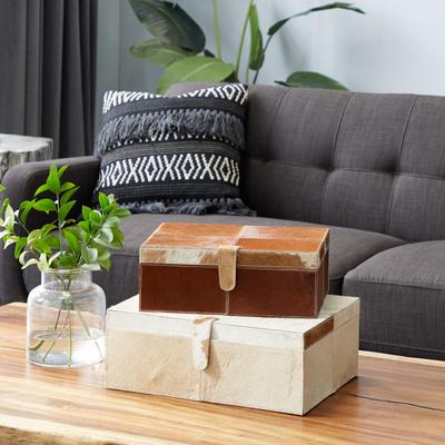 ARCILLA ELEMENTAL Natural Wood 14-inch x 17-inch Well-dressed Leather Hide Boxes (Set of 2)