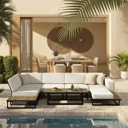 Loungegarnitur Marla Creme Holz/Outdoorstoff/Metall