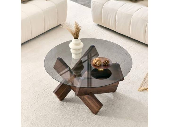 I0I&I0I Runder Couchtisch aus MDF und Glas, 79 cm Durchmesser Kreuzrahmen mit gehärteter Glasplatte 0,8 cm, modern für Wohnzimmer (Walnut + MDF+Glass)