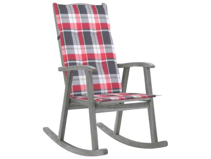 Coespram Schaukelstuhl mit Auflage Massivholz Akazie Schwingsessel Grau Ergonomischer Vintage Holzstuhl fuer Terrasse und Wohnzimmer inklusive bequemer Karomuster Auflage zum Entspannen.